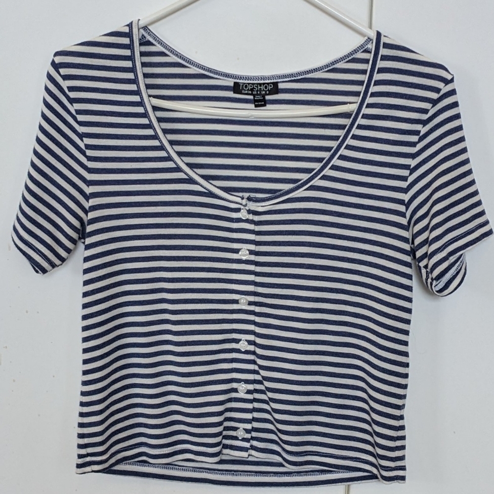 Topshop Striped Crop T-shirt Nautical Lightweight Top Size 4 Blue And White